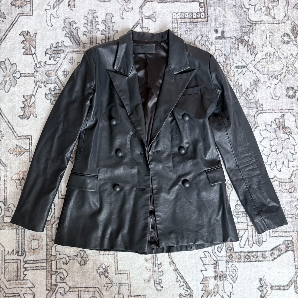 Blank NYC Black Double-Breasted Faux Leather Blazer